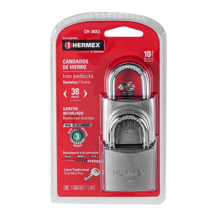 HC63598 - Blíster Con 2 Candados De Hierro De 38Mm Con Gancho Corto Hermex 43321 - HERMEX