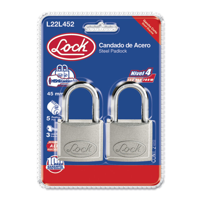 HC74870 - Juego De Candados De Acero Largos 45 Mm Llave Estándar 2 Piezas Lock L22L452 - LOCK