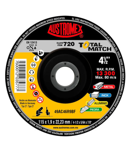HC160356 - Disco Multipropósito De 115 X 1.9 X 22.23 Mm Para Corte Y Desbaste De Acero Inoxidable Austromex 720 - AUSTROMEX