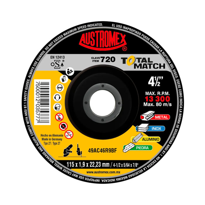 HC160356 - Disco Multipropósito De 115 X 1.9 X 22.23 Mm Para Corte Y Desbaste De Acero Inoxidable Austromex 720 - AUSTROMEX